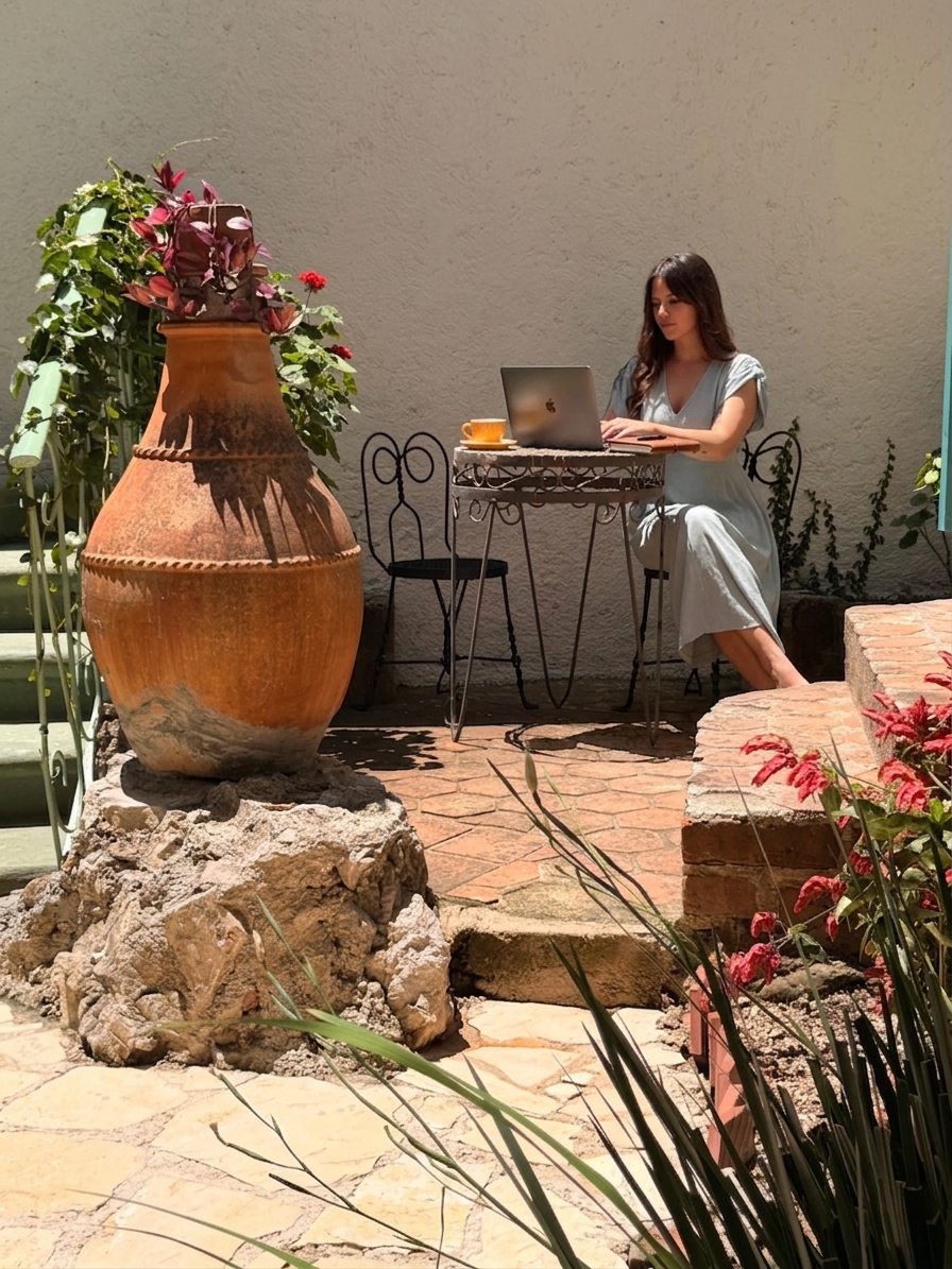 Huésped trabajando en el jardín de Coliving Laura